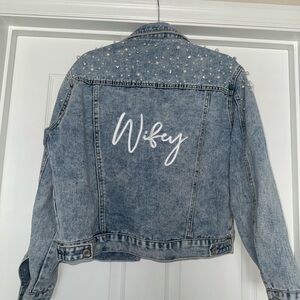 David's Bridal Blue Jean Jacket with Pearl Accents and sunglasses
